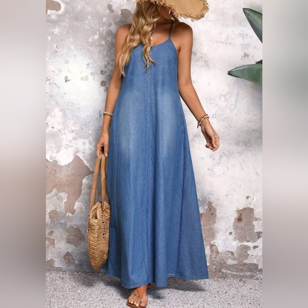 New Casual Woven Cotton Denim Cami Jumper Dress Blue - Picture 7 of 9